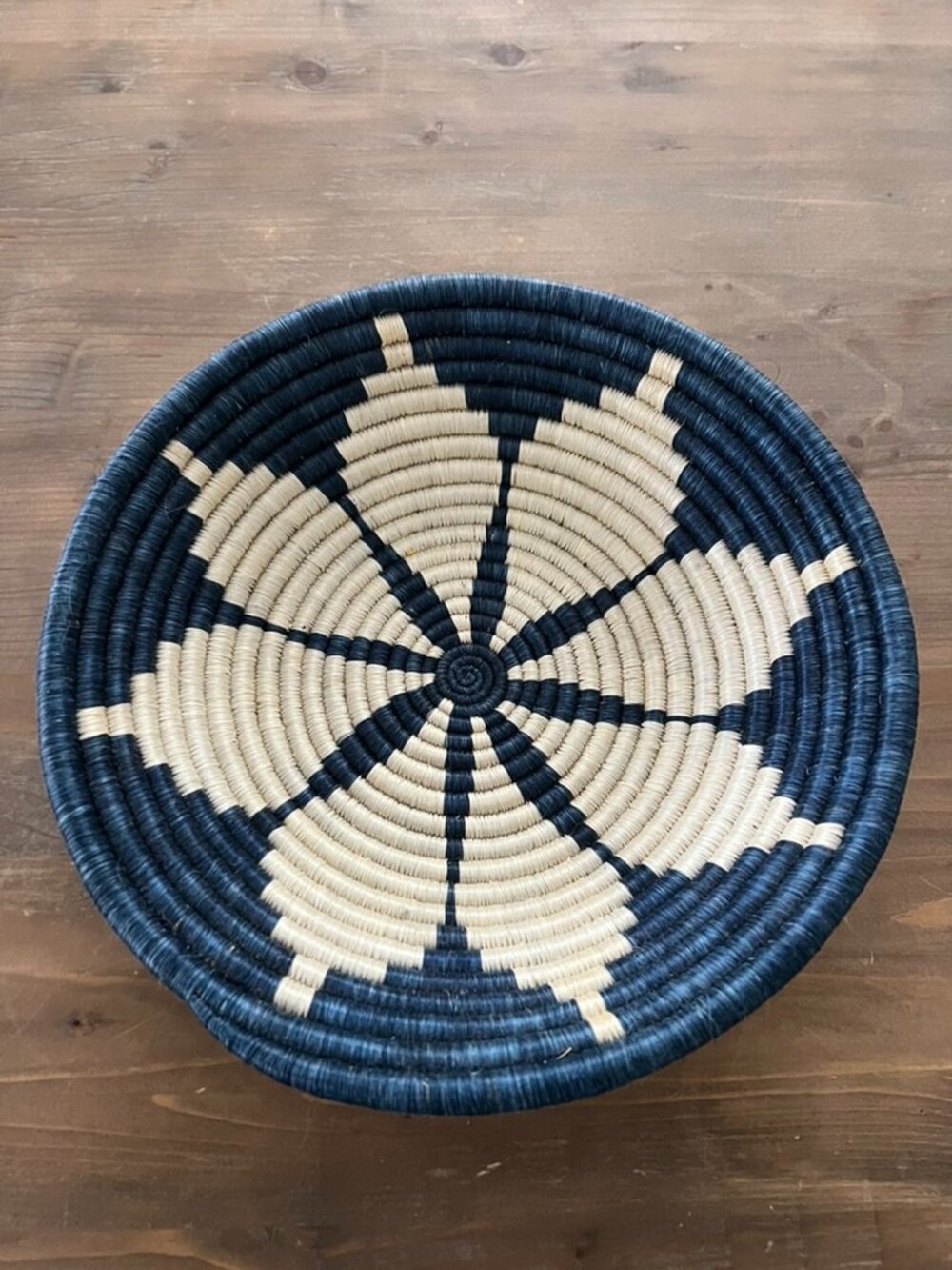 Anthropologie Large 12” Handwoven African Sunburst Sisal Basket - Navy & Natural
